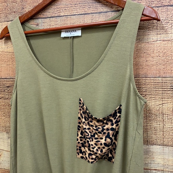 Zenana Leopard Pocket Tank in OD Green - Picture 2 of 5